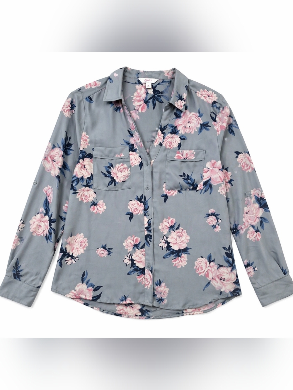 Candie’s Floral Blouse Womens Medium Blue Pink Button Front Lightweight Top